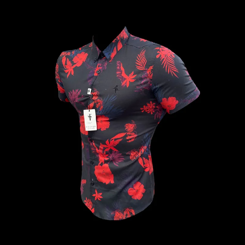 Father Sons Super Slim Stretch Black and Red Floral Print Short Sleeve with Button Down Collar - FS767