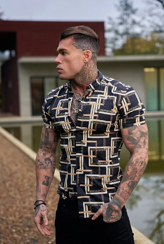 Father Sons Super Slim Stretch Black / Cream Interlinked Square Print Short Sleeve with Button Down Collar - FS851