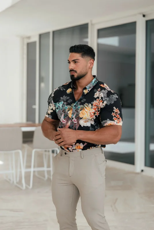 Father Sons Super Slim Stretch Black Mixed Lily Floral Print Short Sleeve with Button Down Collar - FS855