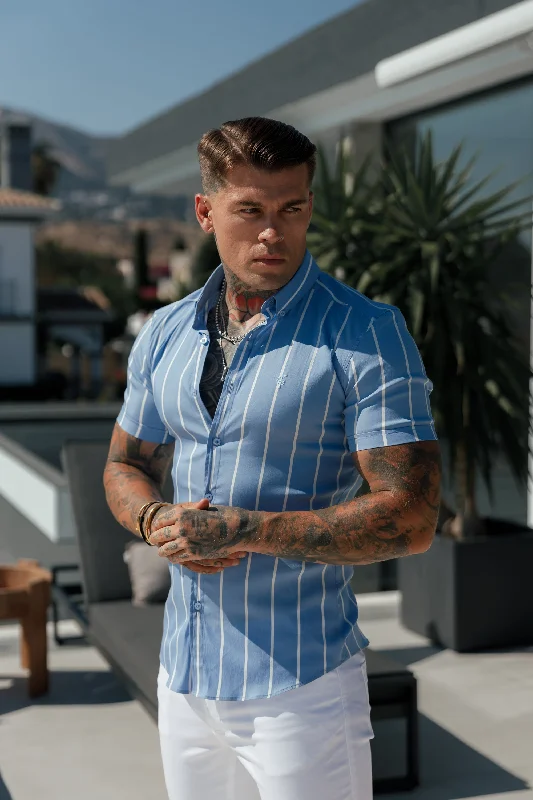 Father Sons Super Slim Stretch Blue Printed Wide Stripe Short Sleeve with Button Down Collar - FS1054