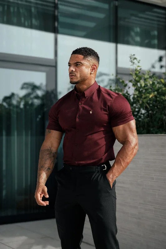 Father Sons Super Slim Stretch Burgundy Denim Short Sleeve with Gold Metal Decal and Button Down Collar - FS1045