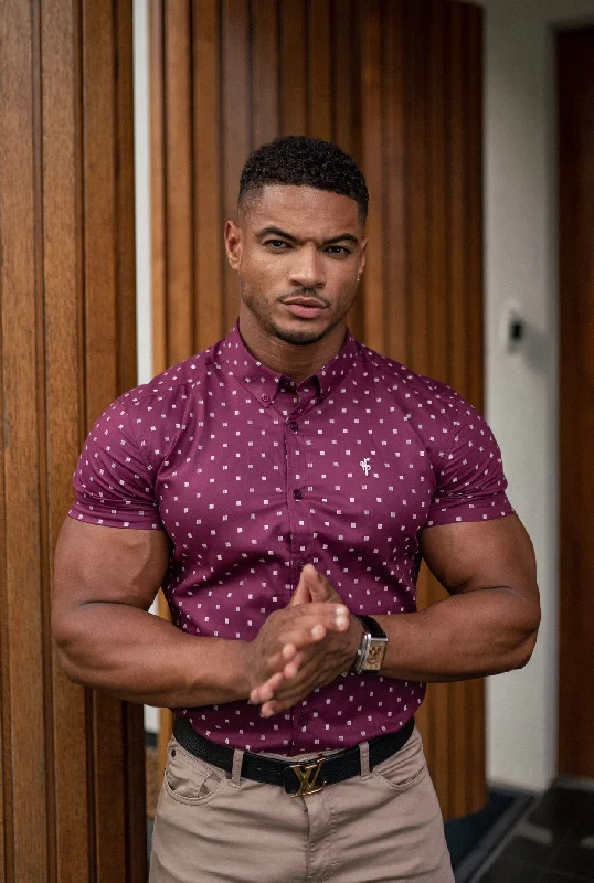 Father Sons Super Slim Stretch Burgundy & White Broken Square Print Short Sleeve - FS689