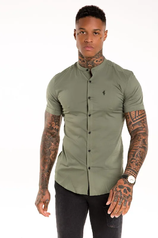 Father Sons Super Slim Stretch Classic Khaki Grandad Collar Short Sleeve - FS291