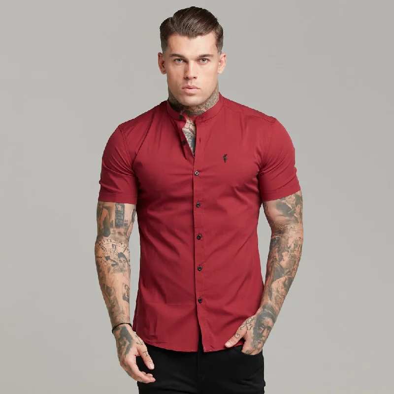 Father Sons Super Slim Stretch Classic Oxblood Grandad Collar Short Sleeve - FS292