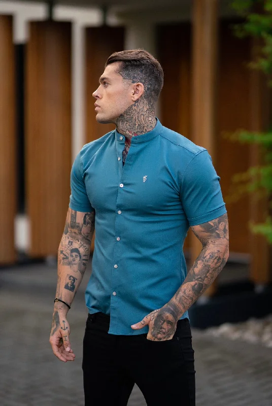 Father Sons Super Slim Stretch Teal Denim Short Sleeve Grandad collar with Metal Buttons and Decal Emblem - FS712