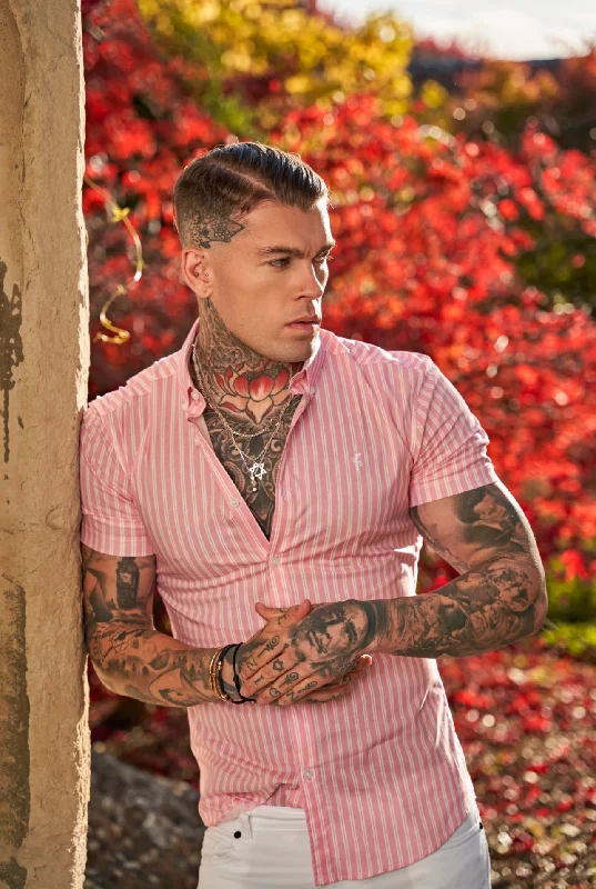 Father Sons Super Slim Stretch White / Pink Stripe Print Short Sleeve with Button Down Collar - FS887