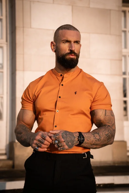 FS Super Slim Stretch Orange Denim Short Sleeve with Grandad Collar - FS1142